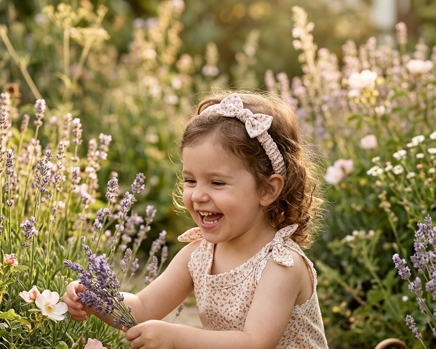 Child in a floral dress playing with flowers in a garden