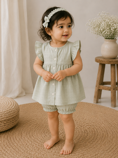 Girls green checkered flutter sleeve button-up top and matching bloomers co-ord set – Summer 2026