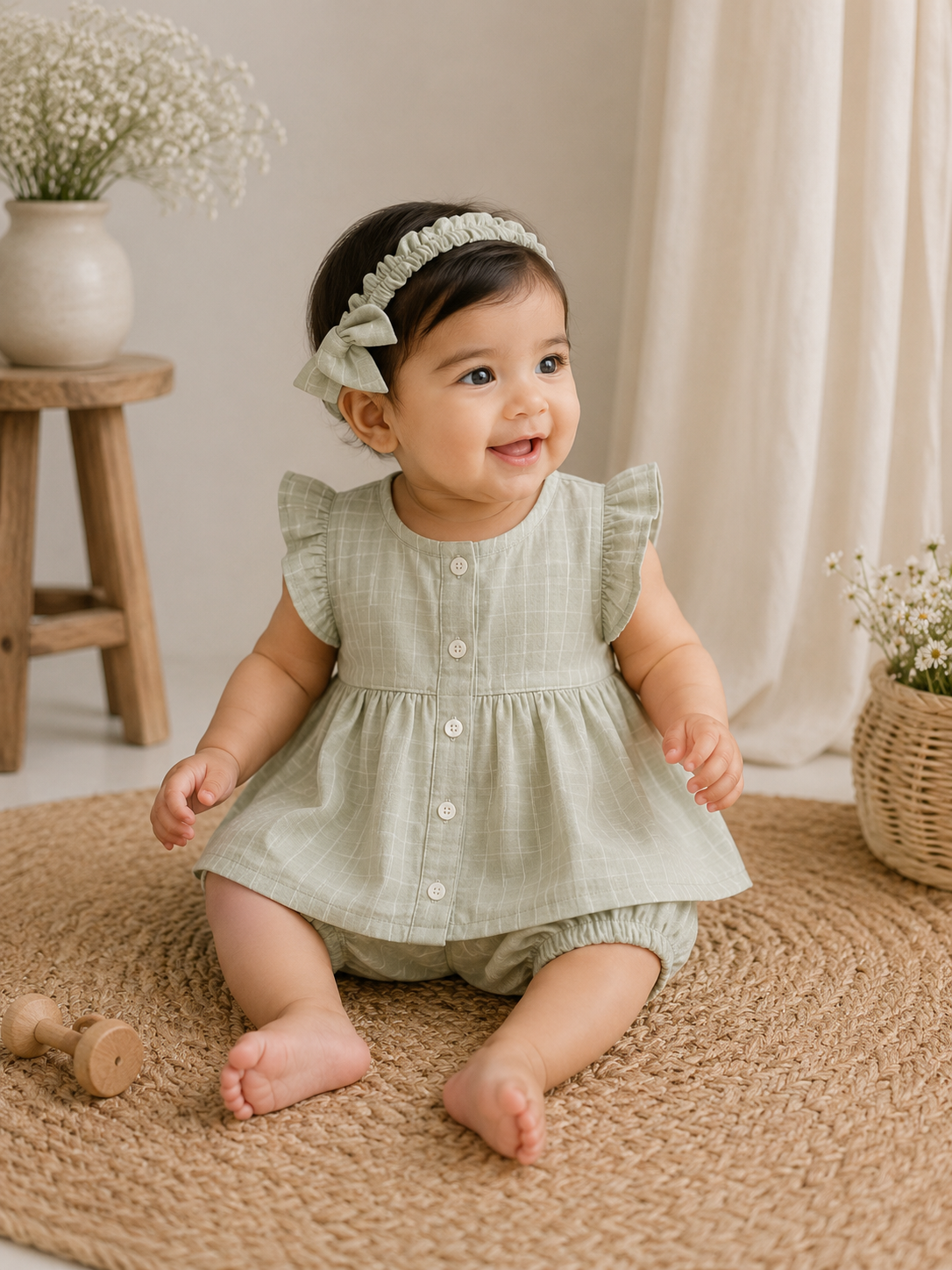 Baby girl wearing pastel green checkered flutter sleeve co-ord set with bloomers – Bachay Boutique