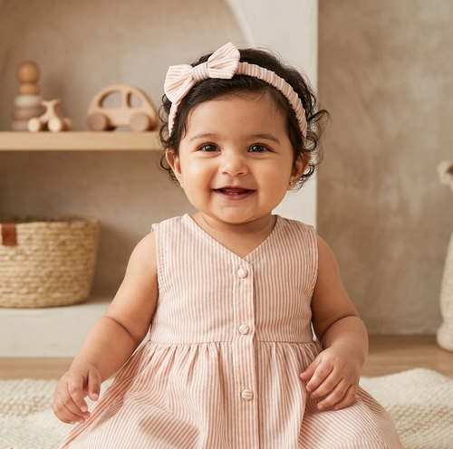 Child wearing a pink striped frock dress and headband, sitting on a rug with a neutral background
