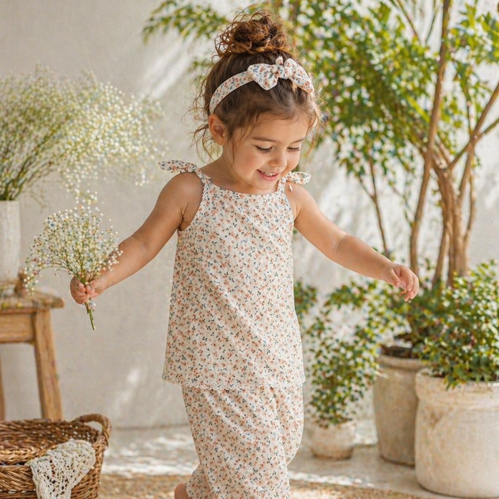 Little girl in a floral outfit standing in a room with plants
