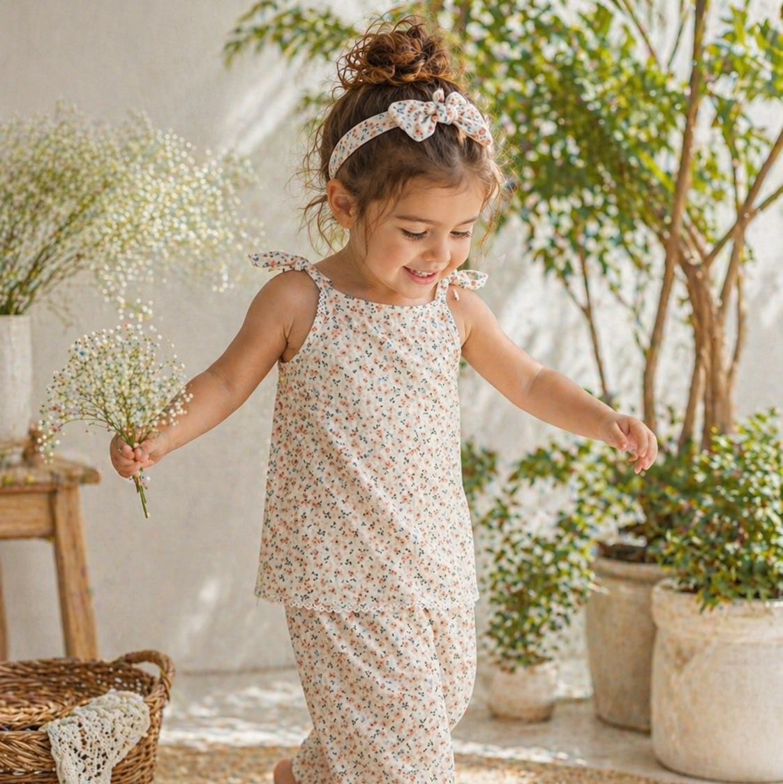 Little girl in a floral outfit standing in a room with plants