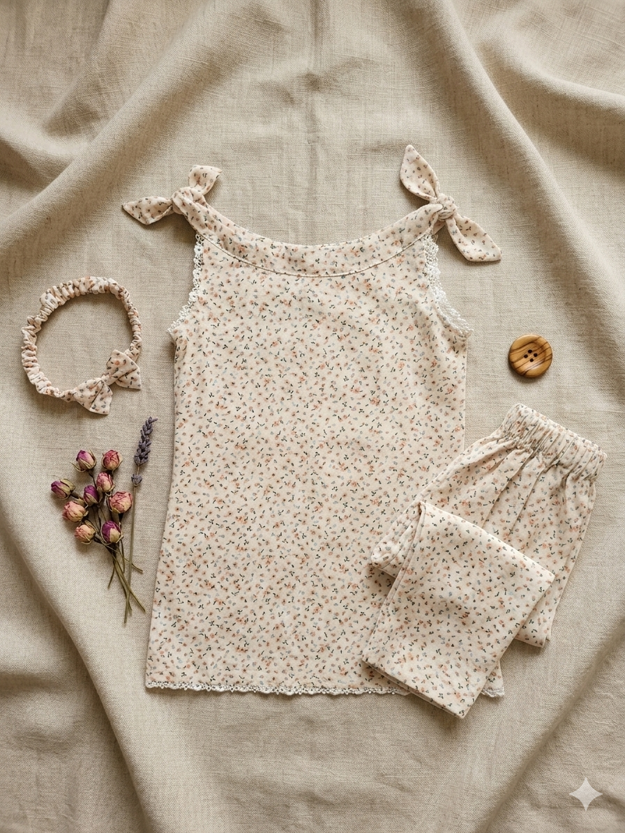 Baby girl floral outfit with shirt, trouser, and headband on a beige fabric background.